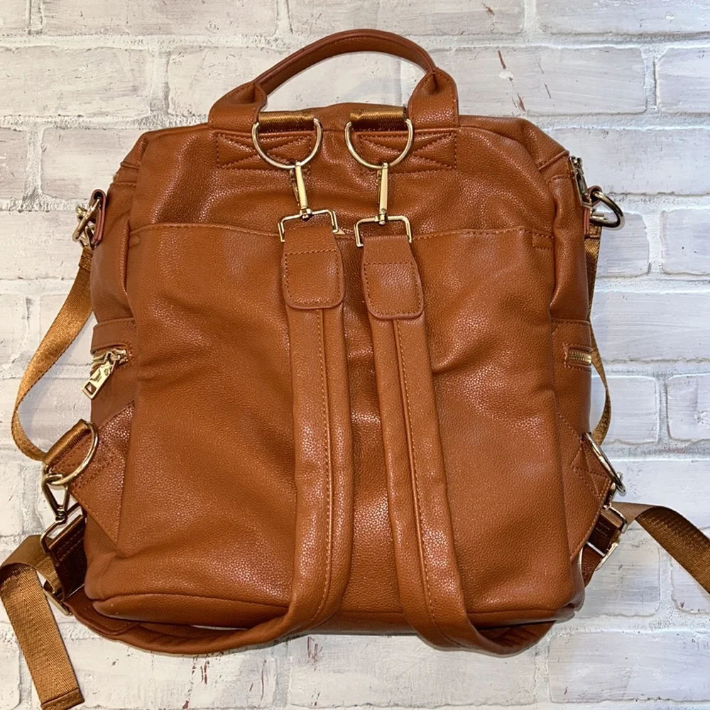 Faux leather brown cognac tan large backpack diaper bag